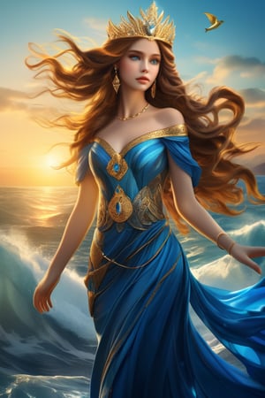 (Portrait of a beautiful woman wearing blue dress), Goddess of the Sea (long brown hairstyle:1.2), perfect anatomy, blue eyes, Golden earing, Golden crown, Golden necklace. holding a triden, Ultra high resolution, 16k, extremely-detailed face, intricately detailed, award winning photo, trending on arstation, top quality, cinematic lighting, lighting (Complex-background, sea and sky background), Ocean theme, sunrise, lens flare,