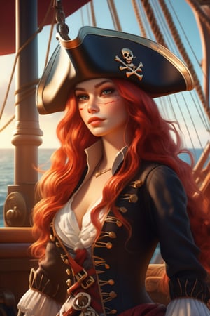 (Portrait of a beautiful woman wearing a pirate outfit on a pirate ship), perfect anatomy, (long red hairstyle:1.3), eye_patch, tricorne hat, rosy cheeks, intricately detailed face, (skin texture), dynamic lighting, lens flare, sunlight, Ultra high resolution, raytracing, 8k, photorealistic, (Realisticity:1.4), insanely-detailed background, (pirate ship background), fashionable pose,