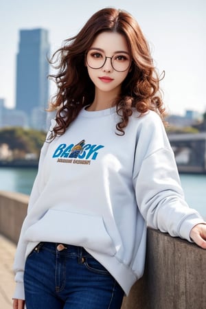 (Beautiful woman wearing white sweatshirt and blue jeans), (long brown curly hair:1.2), rounded glasses, looks at the camera, insanely-detailed, high contrast, photorealistic, perfect lighting, (outdoor background, intricate background), by the bay, volumetric, sunlight, fashionable-pose