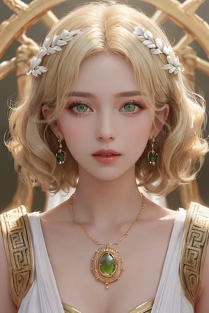 (Portrait of a beautiful woman wearing white ancient greek dress), (short blonde curly-hair:1.2), green eyes, perfect anatomy, perfect face, looks at the camera, golden earings, golden necklace, hyper-detailed, intricately detailed, perfect lighting, (complex-background, greek mythology), ancient greece theme, volumetric, vibrant, sunlight, sexy pose, full body