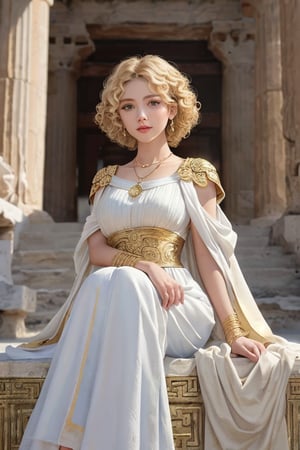 (Portrait of a beautiful woman wearing white ancient greek dress), (short blonde curly-hair:1.2), green eyes, perfect anatomy, perfect face, looks at the camera, golden earings, golden necklace, hyper-detailed, intricately detailed, perfect lighting, (complex-background, greek mythology), ancient greece theme, volumetric, vibrant, sunlight, sexy pose, full body