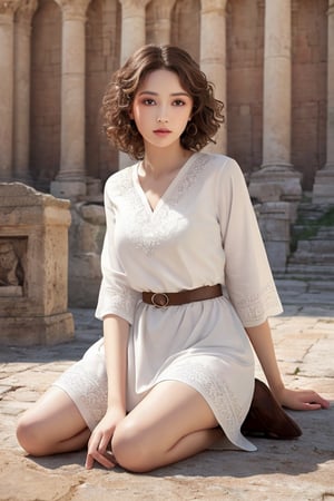 (Beautiful woman wearing white roman tunic with brown eyes) 1girl, (brown curly hairstyle:1.2), perfect anatomy, sunlight, hyper-detailed (detail:1.2), hyper-realistic, high-resolution, (roman background, intricate background), ancient roman theme, sitting, sexy pose, full body,