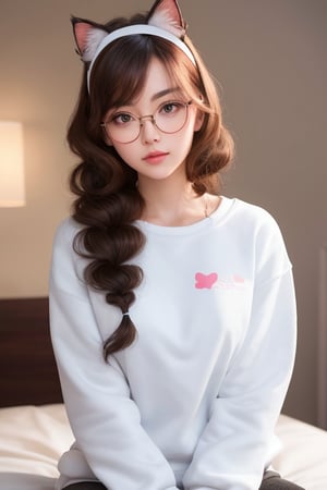 (Photography of a beautiful woman sitting in bed wearing white sweatshirt), perfect anatomy, (long and curlyhairstyle:1.3), rounded glasses, white cat ears hairband, rosy cheeks, intricately detailed face, (skin texture), dynamic lighting, Ultra high resolution, raytracing, 8k, photorealistic, insanely-detailed background,