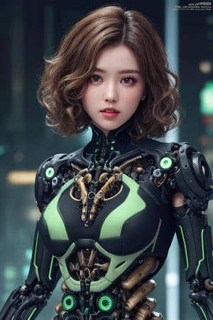 (Beautiful woman with biomechanical clothes and brown eyes), (curly hairstyle:1.2), perfect anatomy, (intricated background, cyberpunk background), black and green theme, hyper-detailed, hyper-realistic, intricated, high_res, (intricated details:1.2), volumetric