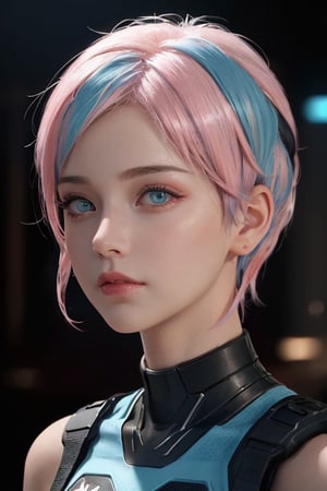 (Portrait of a beautiful woman wearing black and pink sci-fi outfit), young (19 years old), (short blue and pink hairstyle:1.4), blue eyes, extremely detailed face (skin texture), looks at the camera, hyper-detailed, award winning photo, masterpiece, trending on artstation, unreal engine 5, intricately detailed, hyper-realistic, (Realisticity:1.6), Ultra high resolution, 8k, cinematic, (complex-background, creative background), Cyberpunk theme, vibrant glowing cityscape, perfect scenery, cinematic lighting, lighting, lens flare, feminine pose,