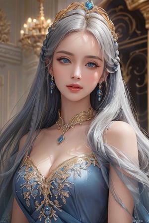 (Photography of a beautiful woman wearing formal blue dress), (long golden-hairstyle:1.2), blue eyes, slim body, perfect face, looks at the camera, silver queen's crown, silver earings, hyper-detailed, intricately detailed, perfect lighting, (complex-background, luxurious palace), palace theme, volumetric, vibrant, sunlight, fashionable-pose, full body