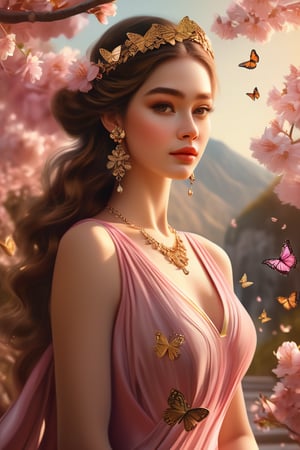 masterpiece, photorealistic, ultra high resolution, 8k, (beautiful woman wearing pink opulent dress), golden earings, golden necklace, butterflies, rosy cheeks, flowery headband, (Aesthetic:1.2), hyper-detailed, beautiful, gorgeous, fashionable pose, (long brown hair:1.3), brown eyes, (complex-background), lighting, sunlight, nature background, dynamic lighting, cherry blossoms, trees, bushes, full body