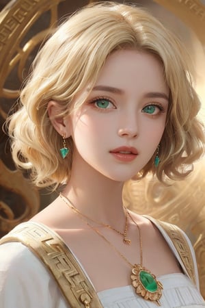 (Portrait of a beautiful woman wearing white ancient greek dress), (short blonde curly-hair:1.2), green eyes, perfect anatomy, perfect face, looks at the camera, golden earings, golden necklace, hyper-detailed, intricately detailed, perfect lighting, (complex-background, greek mythology), ancient greece theme, volumetric, vibrant, sunlight, sexy pose, full body