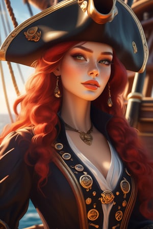 (Portrait of a beautiful woman wearing a pirate outfit on a pirate ship), perfect anatomy, (long red hairstyle:1.3), eye_patch, tricorne hat, rosy cheeks, intricately detailed face, (skin texture), dynamic lighting, lens flare, sunlight, Ultra high resolution, raytracing, 8k, photorealistic, (Realisticity:1.4), insanely-detailed background, (pirate ship background), fashionable pose,