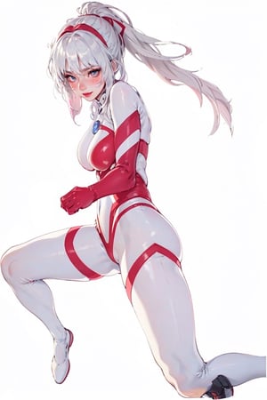 (Masterpiece in, best quality:1.2), ((high resolution, extremely realistic picture, beauty and realistic details)), (realistic photo:1.4), Ultrawoman, ultraman bodysuit, ultraman impact, Shion face, sliver mix pink hair, ponytail, messy hair, headband, white over knee boots, （full body, see the shoes:1.5), 
(((Medium breast, E_cup))), (sapphire on the chest, circle type:1.3), 

close up, standing, stand at attention, look viewer
empty handed, 
(Full whitebackground:1.5), ,Ultrawoman, Ultraman bodysuit,Ultraman impact,Shion face,Ultragirl,Ultraman bodysuit