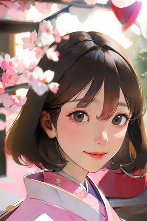 Girl,
(Masterpiece, best quality:1.4), realistic details, extremely details photo, HDR photo, unity, official art, anime style, 2.5D illustration, warm light, sunbeam, dutch angle, 
Medium close up, (focus face:1.2),
Nature lights, 
Black hair, (Pink kimono, sakura pattern),Japnaese ,Raye face

Detail background, japanese street, ,Booties