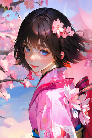 Girl,
(Masterpiece, best quality:1.4), realistic details, extremely details photo, HDR photo, unity, official art, ((anime style, 2.5D illustration)), 
Standing, dutch angle, (extremely details, high resolution:1.3), 
Cowboy shot, (focus face:1.2),
Nature lights, 
Black hair, (Pink kimono, sakura pattern),Japnaese ,Raye face

Detail background, pink and blue tone, sunset, fantasy sky, japanese street, sakura, 