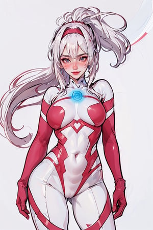 (Masterpiece in, best quality:1.2), ((high resolution, extremely realistic picture, beauty and realistic details)), (realistic photo:1.4), Ultrawoman, ultraman bodysuit, ultraman impact, Shion face, sliver mix pink hair, ponytail, messy hair, headband, white over knee boots, （full body, see the shoes:1.5), 
(((Medium breast, E_cup))), (sapphire on the chest, circle type:1.3), 

close up, standing, stand at attention, look viewer
empty handed, 
(Full whitebackground:1.5), ,Ultrawoman, Ultraman bodysuit,Ultraman impact,Shion face,Ultragirl,Ultraman bodysuit