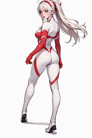 (Masterpiece in, best quality:1.2), ((high resolution, extremely realistic picture, beauty and realistic details)), (realistic photo:1.4), Ultrawoman, (white and red ultraman bodysuit:1.3), ultraman impact, Shion face, sliver hair, ponytail, messy hair, headband, white over knee boots, (from  back look, full body, see the shoes:1.5), 


standing, stand at attention, 
empty handed, 
(Full whitebackground:1.5), ,Ultrawoman, Ultraman bodysuit, Ultraman impact,Shion face,Ultragirl,Ultraman bodysuit