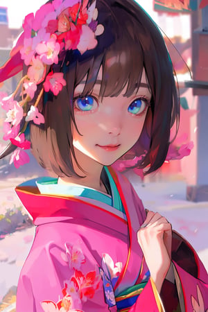 Girl,
(Masterpiece, best quality:1.4), realistic details, extremely details photo, HDR photo, unity, official art, ((anime style, 2.5D illustration)), 
Standing, dutch angle, (extremely details, high resolution:1.3), 
Cowboy shot, (focus face:1.2),
Nature lights, 
Black hair, (Pink kimono, sakura pattern),Japnaese ,Raye face

Detail background, pink and blue tone, sunset, fantasy sky, japanese street, sakura, ,Raye face,eungirl