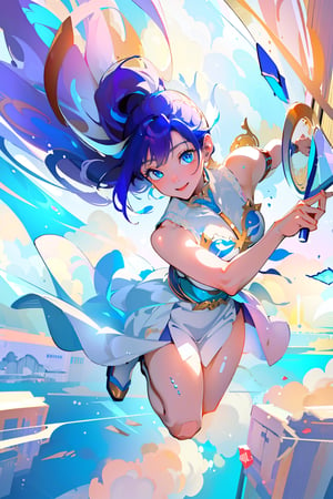  (masterpiece, best quality:1.4), ((high resolution, extremely details 8K CG unity wallpaper)), unity, official art, original, fantasy, 

(Anime style, 2.5D illustration, vector art, clean sketch bold:1.3),  

(((Splashed broken glass))), 

Details background, Heaven, in the sky, beauty blue sky, sun, sunbeam, lens frame, white cloud, 
Raye face