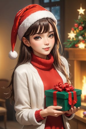 masterpiece,(best quality:1.4),ultra-detailed,1 girl with a santa hat giving a xmas gift ,22yo,wear winter elegant outfit,,high resolution,genuine emotion,wonder beauty ,Enhance, vivid colors, ,Enhanced All,photo r3al