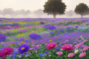dew, foggy, ((flower meadow, 1 tall skinny tree)), grass, shrubs, bushes, scattered flowers, hundred flowers, hundred colors, asymmetrical flowers, flowers of different heights, abstract flowers, spring, morning light, vast meadow, wide meadow, messy flowers, irregular flowers, mild, atmosphere, fluid surrounds, 
