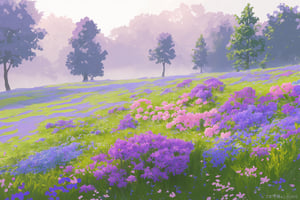 dew, foggy, ((meadow with 1 tall skinny tree)), grass, shrubs, bushes, scattered flowers, hundred flowers, hundred colors, asymmetrical flowers, flowers of different heights, abstract flowers, spring, morning light, vast meadow, wide meadow, 
