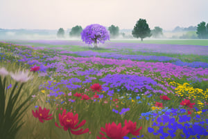 dew, foggy, ((flower meadow, 1 tall skinny tree)), grass, shrubs, bushes, scattered flowers, hundred flowers, hundred colors, asymmetrical flowers, flowers of different heights, abstract flowers, spring, morning light, vast meadow, wide meadow, messy flowers, irregular flowers, mild, atmosphere, fluid surrounds, 