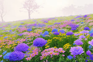 dew, foggy, meadow with 1 tall skinny tree, grass, shrubs, bushes, scattered flowers, hundred flowers, hundred colors, asymmetrical flowers, flowers of different heights, abstract flowers, spring, morning light, 