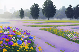 dew, foggy, ((flower meadow, 1 tall skinny tree: 1.2)), grass, shrubs, bushes, scattered flowers, hundred flowers, hundred colors, asymmetrical flowers, flowers of different heights, abstract flowers, spring, morning light, vast meadow, wide meadow, messy flowers, irregular flowers, mild, atmosphere, fluid surrounds, (some flowers with incredible height: 1.2), deep view, very long view, 
