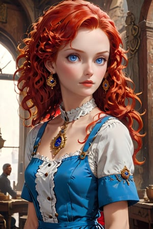 masterpiece, highest resolution, best quality, beautiful, raw image, female russian, white, ((age 25)), with Red hair, long face, Hair Style: curly, long, blue, maid outfit, In Istanbul, With gold earrings, tall ((adult)), ((full body)), ,aw0k euphoricred style,more detail XL,Movie Still, cinematic moviemaker style
