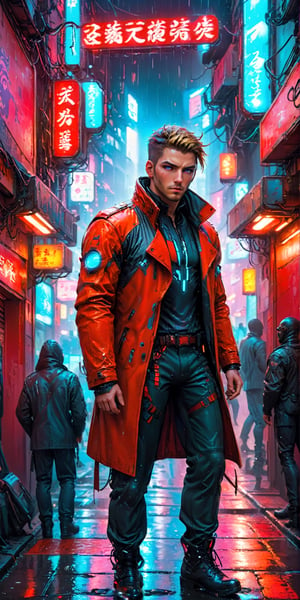 Generate hyper realistic image of a dynamic scene in a cyberpunk alley where neon lights illuminate a gritty, futuristic setting. Imagine characters engaged in a dramatic showdown, with rain-slicked streets reflecting the glow of holographic signs. Convey the tension and high-tech atmosphere of a cyberpunk noir confrontation.,aw0k euphoricred style,male,Movie Still