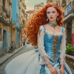 masterpiece, highest resolution, best quality, beautiful, raw image, female russian, white, ((age 25)), with Red hair, long face, Hair Style: curly, long, blue, maid outfit, In Istanbul, With gold earrings, tall ((adult)), ((full body)), 