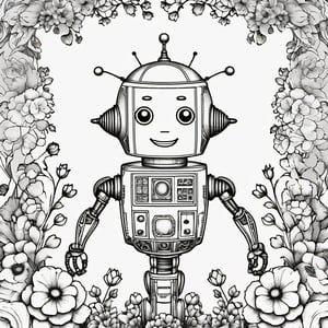 pathetic coloring book page, a happy cute robot, flowers (innocent grey)