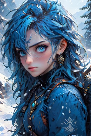 (masterpiece), (best quality), (ultra-detailed), the Witcher wallpaper, in the style of brushwork exploration, light blue and indigo, expressive figure painting, mountainous vistas, snow scenes, industrial paintings, close up, illustration, disheveled hair, detailed eyes, perfect composition, moist skin, intricate details, earrings, by wlop ,aw0k illuminate