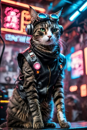 photograph, full body, wide shot, Cyborg 46 Monk (1cat) , cat is feeling lustful, it has Natural Bio Mechanical arms and large legs, dressed in techno Vest, her Vest is buttoned up, she has Black hair dreads, santa hat, Anklet, Browline glasses, complex electric christmas background, Panorama, Detailed illustration, Wonder, Ambient lighting, Orton effect, Cinestill 50, Selective focus,Extremely Realistic,monster,cyberpunk style,aw0k cat