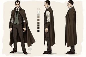 reference sheet, drawn in 5 different angles. multiple views, upper body, front, from side, color palette reference. The man has short, dark hair and a pale complexion. He is dressed in a semi-formal outfit consisting of a dark brown, high-collared cape draped over his shoulders, a light gray vest with a black tie, and a white dress shirt underneath. The vest is buttoned, with the top button undone, revealing the shirt collar. He is wearing dark brown trousers that are slightly loose-fitting, paired with dark brown dress shoes. The man's expression is stern and slightly intimidating, with a sharp gaze directed forward. His left arm is bent at the elbow, resting on his hip, while his right arm hangs loosely by his side. The drawing style is detailed with a semi-realistic approach, emphasizing texture and shading to give a three-dimensional appearance. The man's cape and vest have subtle highlights and shadows, while the trousers and shoes have a smooth texture. The overall color palette is muted, with earth tones and dark browns dominating the outfit. The background is minimalistic, focusing attention solely on the figure., aw0k rpgcharacters