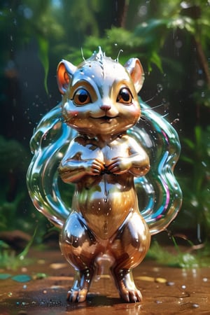 cute tiny wet squirrel in rain, shimmering fur, glittery eyes, cg render, 4k, simple, asthetic (3d, cute, chibi style), ((perfect high detailed image)), hyper-realistic detailed rendering, elegant pose, professional lighting, intricate details,aw0k meltdown style