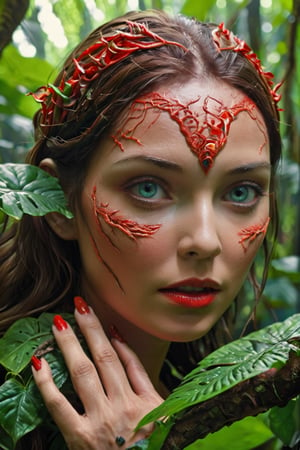 Extremely detailed close up photo of a woman standing above a rainforest, her eyes vibrant with a otherworldly beauty, UHD, highly detailed, detailed hands, aw0k euphoricred style,more detail XL,Movie Still, cinematic moviemaker style