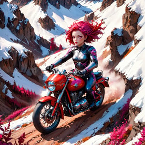 aw0k euphoricred style, photograph, woman in motorcycle, riding through the mountains, drone shot, dark black and Fuchsia Raging hair, at Overcast, soft focus, Sketched, Beautifully Lit, film grain, Kodak gold 200, Zoom lens, One Color, art by Arnold Schoenberg, 