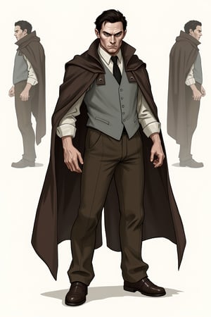 reference sheet, drawn in 5 different angles. multiple views, upper body, front, from side, color palette reference. The man has short, dark hair and a pale complexion. He is dressed in a semi-formal outfit consisting of a dark brown, high-collared cape draped over his shoulders, a light gray vest with a black tie, and a white dress shirt underneath. The vest is buttoned, with the top button undone, revealing the shirt collar. He is wearing dark brown trousers that are slightly loose-fitting, paired with dark brown dress shoes. The man's expression is stern and slightly intimidating, with a sharp gaze directed forward. His left arm is bent at the elbow, resting on his hip, while his right arm hangs loosely by his side. The drawing style is detailed with a semi-realistic approach, emphasizing texture and shading to give a three-dimensional appearance. The man's cape and vest have subtle highlights and shadows, while the trousers and shoes have a smooth texture. The overall color palette is muted, with earth tones and dark browns dominating the outfit. The background is minimalistic, focusing attention solely on the figure., aw0k rpgcharacters