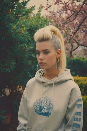 photograph, Lush Greek 1girl, Landscaping, dressed in Chic Sweatshirt, her hair is Celestial and styled as Mohawk, Foggy, film grain, Lomography Color 100, F/14, Infrared