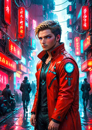 Generate hyper realistic image of a dynamic scene in a cyberpunk alley where neon lights illuminate a gritty, futuristic setting. Imagine characters engaged in a dramatic showdown, with rain-slicked streets reflecting the glow of holographic signs. Convey the tension and high-tech atmosphere of a cyberpunk noir confrontation.,aw0k euphoricred style,male,Movie Still