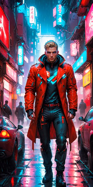 Generate hyper realistic image of a dynamic scene in a cyberpunk alley where neon lights illuminate a gritty, futuristic setting. Imagine characters engaged in a dramatic showdown, with rain-slicked streets reflecting the glow of holographic signs. Convey the tension and high-tech atmosphere of a cyberpunk noir confrontation.,aw0k euphoricred style,male,Movie Still