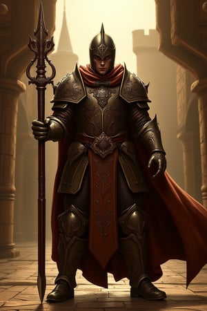 An old-school, medieval-themed avatar, rich earthy tones, intricate armor and weaponry, centered composition, heroic stance, warm golden lighting, castle courtyard background, sharp focus, detailed engravings, bold lines, fluttering cape, dynamic framing, full-body shot.