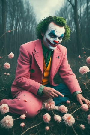 detailed On pale black paper, art by simon stalenhag, Golden ratio, (epic portrait of Joker:1.2) , wearing Illuminating Pearl Amaranth ballerina skirt, Crouching down, Ukrainian Belly Button Ring, Clown Face Paint, lush space, Masterpiece, Smiling, Post-Punk, Muted Colors, Psychedelic and cherry blossom pink dust particles, glimmering transformation,aw0k straightstyle,c0l0 style