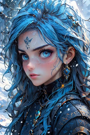 (masterpiece), (best quality), (ultra-detailed), the Witcher wallpaper, in the style of brushwork exploration, light blue and indigo, expressive figure painting, mountainous vistas, snow scenes, industrial paintings, close up, illustration, disheveled hair, detailed eyes, perfect composition, moist skin, intricate details, earrings, by wlop ,aw0k illuminate