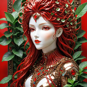 ((masterpiece)), (((best quality))), ((ultra-detailed)), beautiful  woman made of bronze frame, pieces of ceramics, pieces of mirrors, red threads representing hair, with some plants coming out of this sculpture ,aw0k euphoric style,aw0k euphoricred style