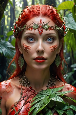 Extremely detailed close up photo of a woman standing above a rainforest, her eyes vibrant with a otherworldly beauty, UHD, highly detailed, detailed hands, aw0k euphoricred style,more detail XL,Movie Still, cinematic moviemaker style