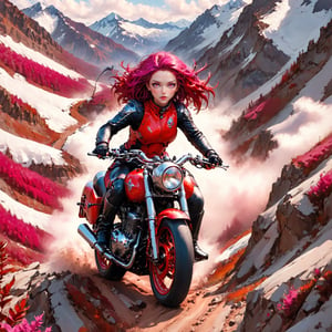 aw0k euphoricred style, photograph, woman in motorcycle, riding through the mountains, drone shot, dark black and Fuchsia Raging hair, at Overcast, soft focus, Sketched, Beautifully Lit, film grain, Kodak gold 200, Zoom lens, One Color, art by Arnold Schoenberg, 