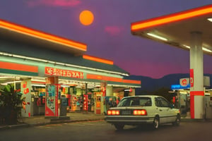 aw0k euphoric style, a car in a gas station 