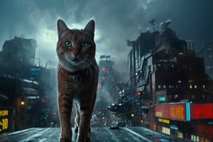Cat as santa claus rides his sleigh through the air in the far future, sci fi, blade runner, metal raindeer, against a dark blare runner future cityscape, multiple billboards, flying cars, from above, high buildings, fog below, insane details, hyperrealistic, highly detailed, 8k, trending on artstation, shot lit and composed by Tim Walker, shot on a RED digital camera, Sigma 85mm f/1.4, aw0k cat