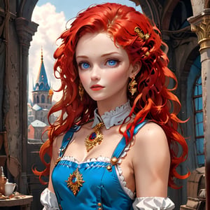 masterpiece, highest resolution, best quality, beautiful, raw image, female russian, white, ((age 25)), with Red hair, long face, Hair Style: curly, long, blue, maid outfit, In Istanbul, With gold earrings, tall ((adult)), ((full body)), ,aw0k euphoricred style,more detail XL,Movie Still, cinematic moviemaker style