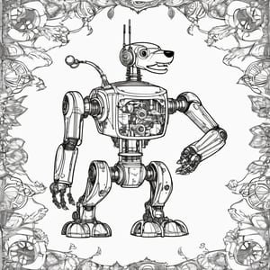 c0l0, a comic drawing robot dog::3, comic, pathetic coloring book page